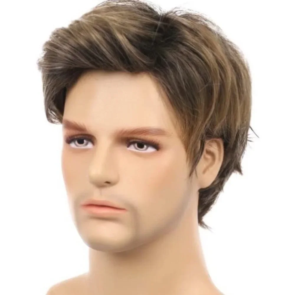 Mens Short Straight Brown mix Natural Wigs